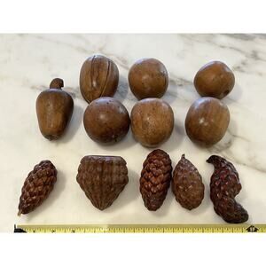 (Qty 12) Vintage Fruit Kitchen Decor Wood Figure Apple Pear Pine Cones Peach MCM